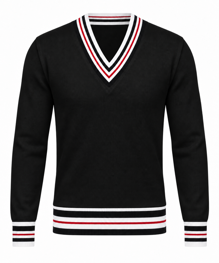 Le Faste Men's V-Neck Cricket Sweater with Striped Trim