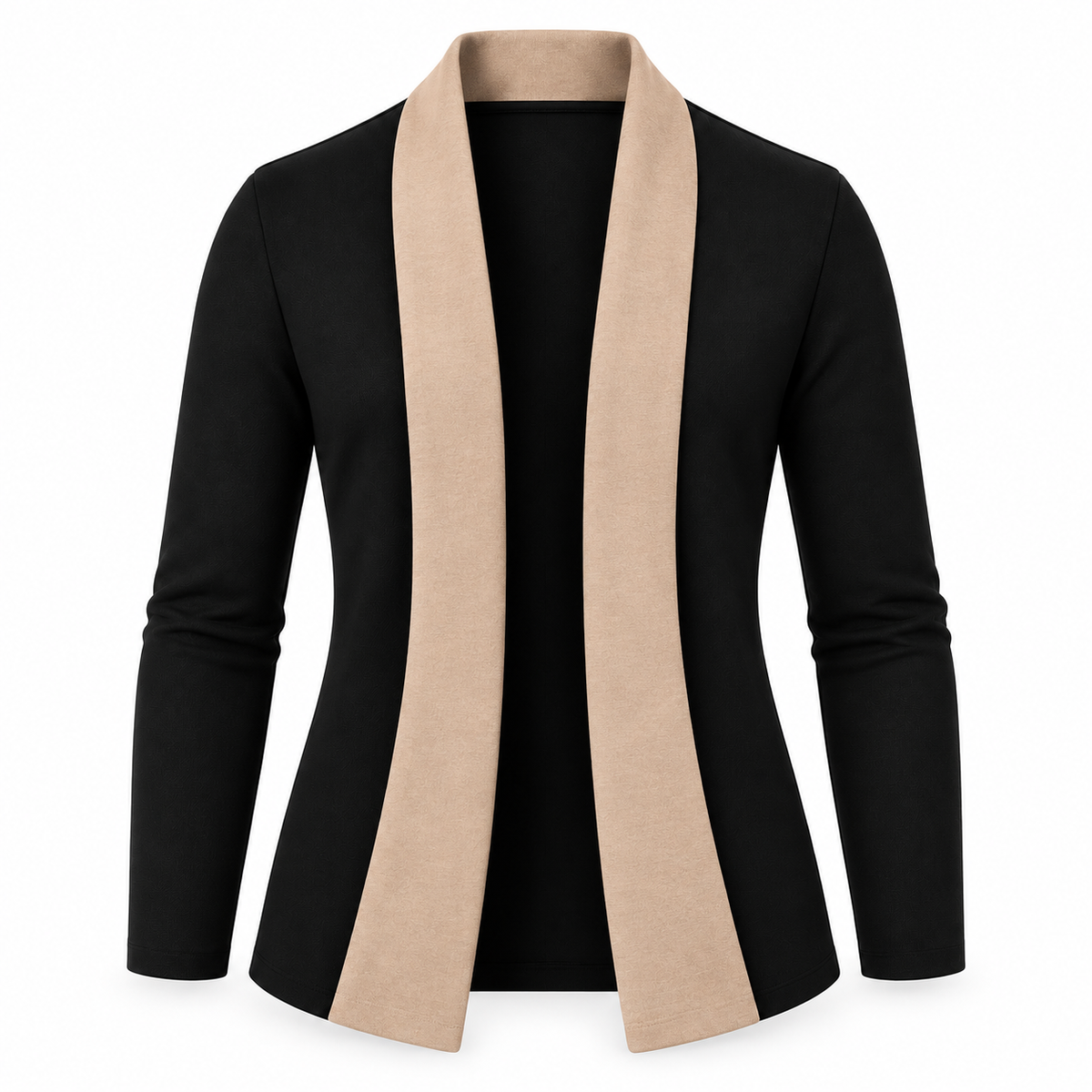Le Faste Men's Black Open-Front Shawl Collar Blazer - Trim: Tan / Beige, front view