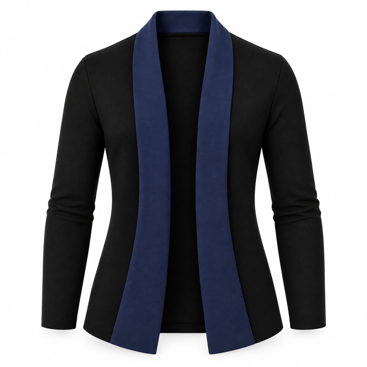 Le Faste Men's Black Open-Front Shawl Collar Blazer - Trim: Navy, front view