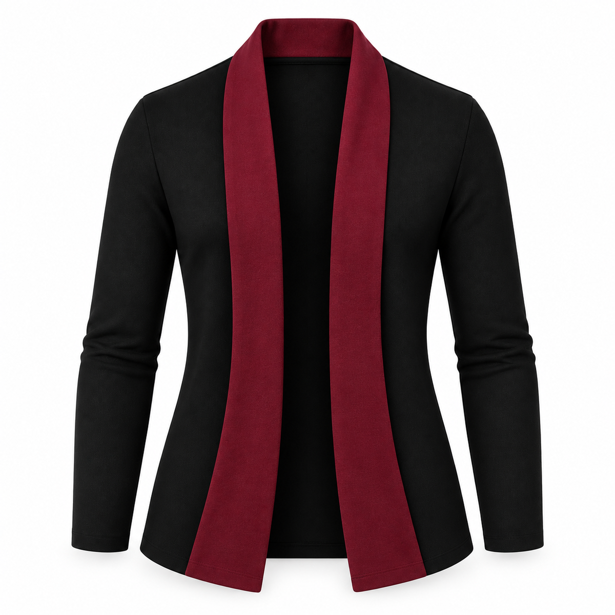 Le Faste Men's Black Open-Front Shawl Collar Blazer - Trim: Burgundy, front view
