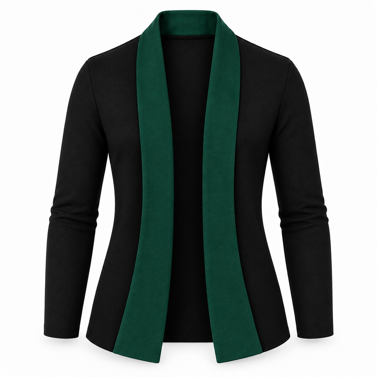 Le Faste Men's Black Open-Front Shawl Collar Blazer - Trim: Dark Green, front view