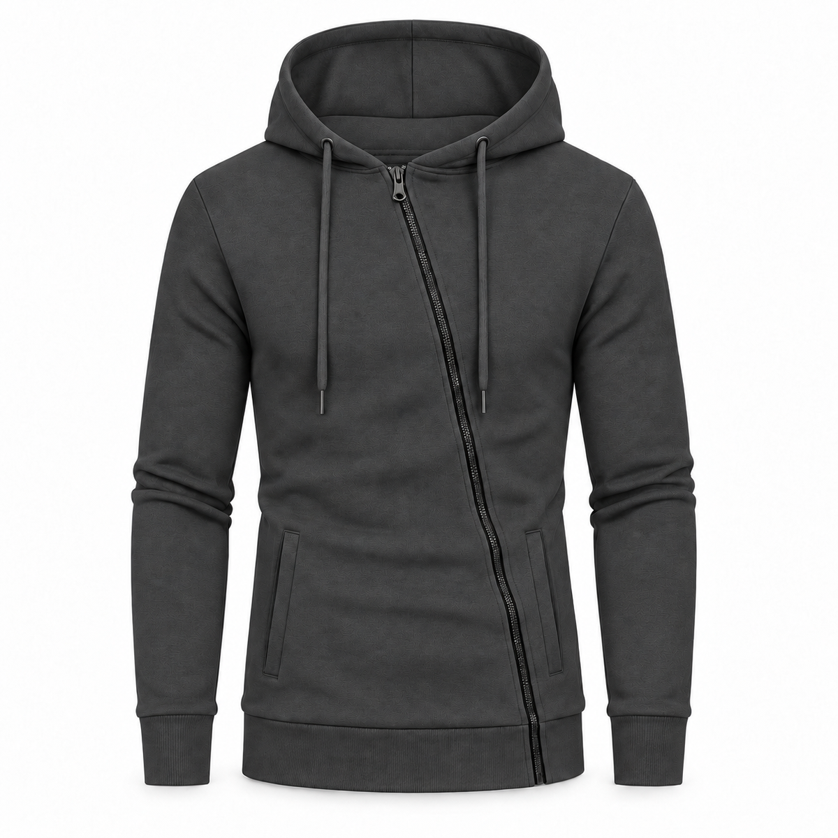 Le Faste Men's Asymmetric Zip-Up Hoodie - Textured Knit Fleece - Charcoal