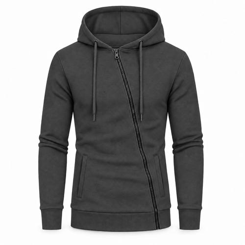 Le Faste Men's Asymmetric Zip-Up Hoodie - Textured Knit Fleece - Charcoal
