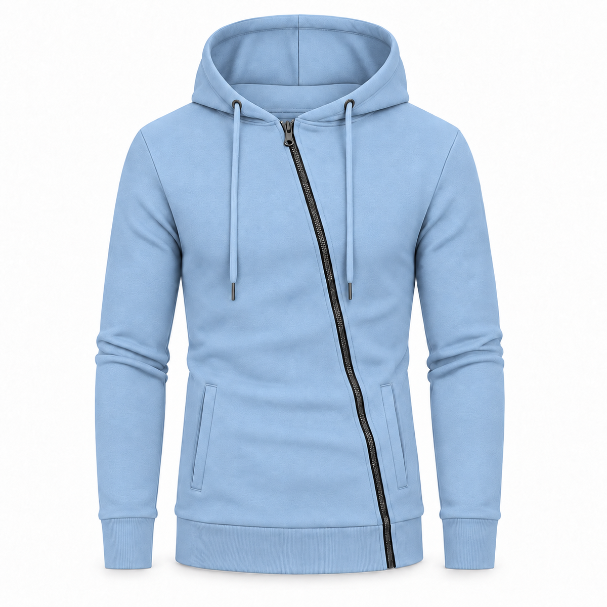 Le Faste Men's Asymmetric Zip-Up Hoodie - Textured Knit Fleece - Light Blue