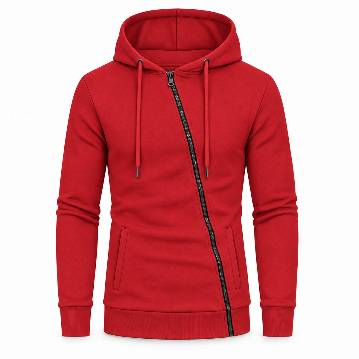Le Faste Men's Asymmetric Zip-Up Hoodie - Textured Knit Fleece - Red