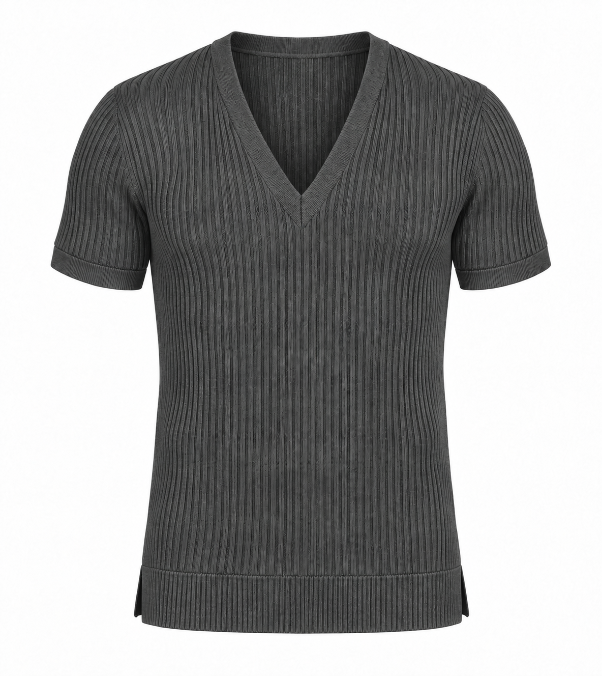 Le Faste Men's Ribbed Knit Deep V-Neck Short Sleeve Sweater - Charcoal