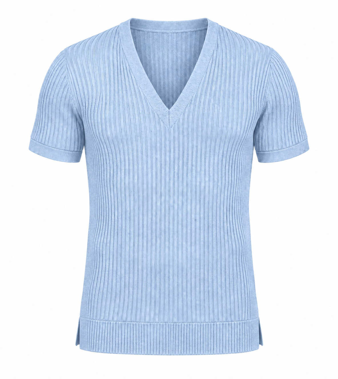 Le Faste Men's Ribbed Knit Deep V-Neck Short Sleeve Sweater - Light Blue
