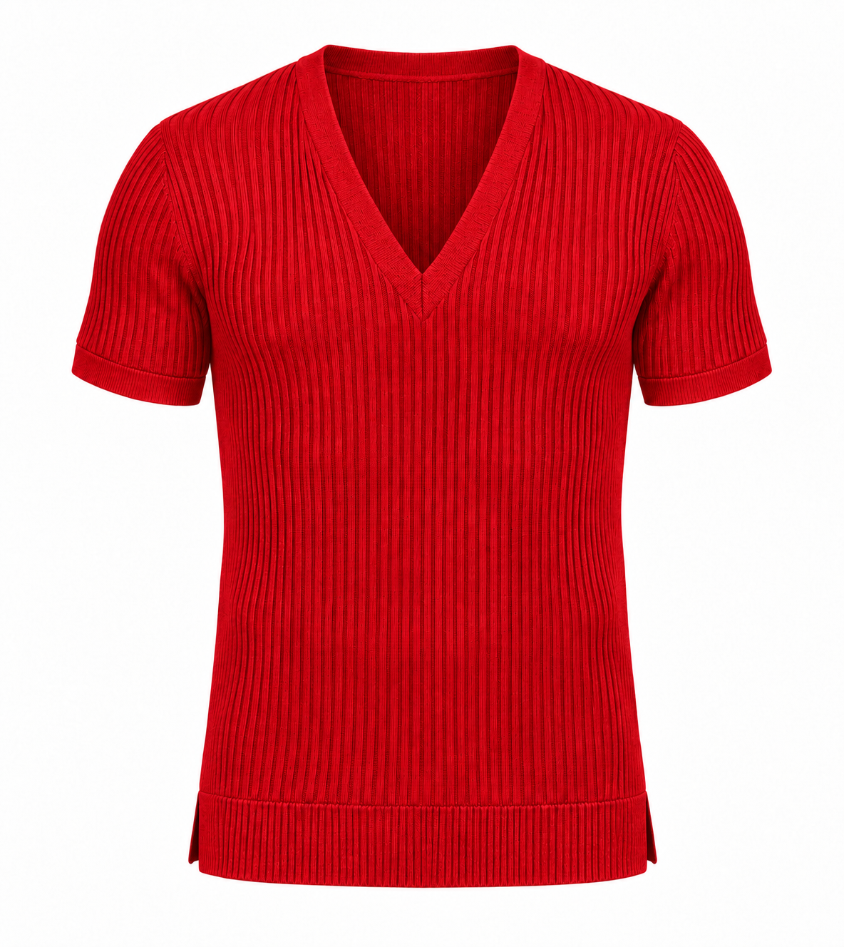 Le Faste Men's Ribbed Knit Deep V-Neck Short Sleeve Sweater - Red