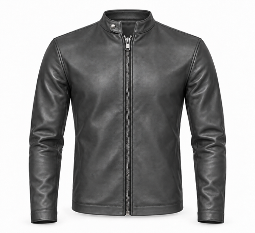 Le Faste Men's Genuine Cowhide Leather Café Racer Moto Jacket - Charcoal