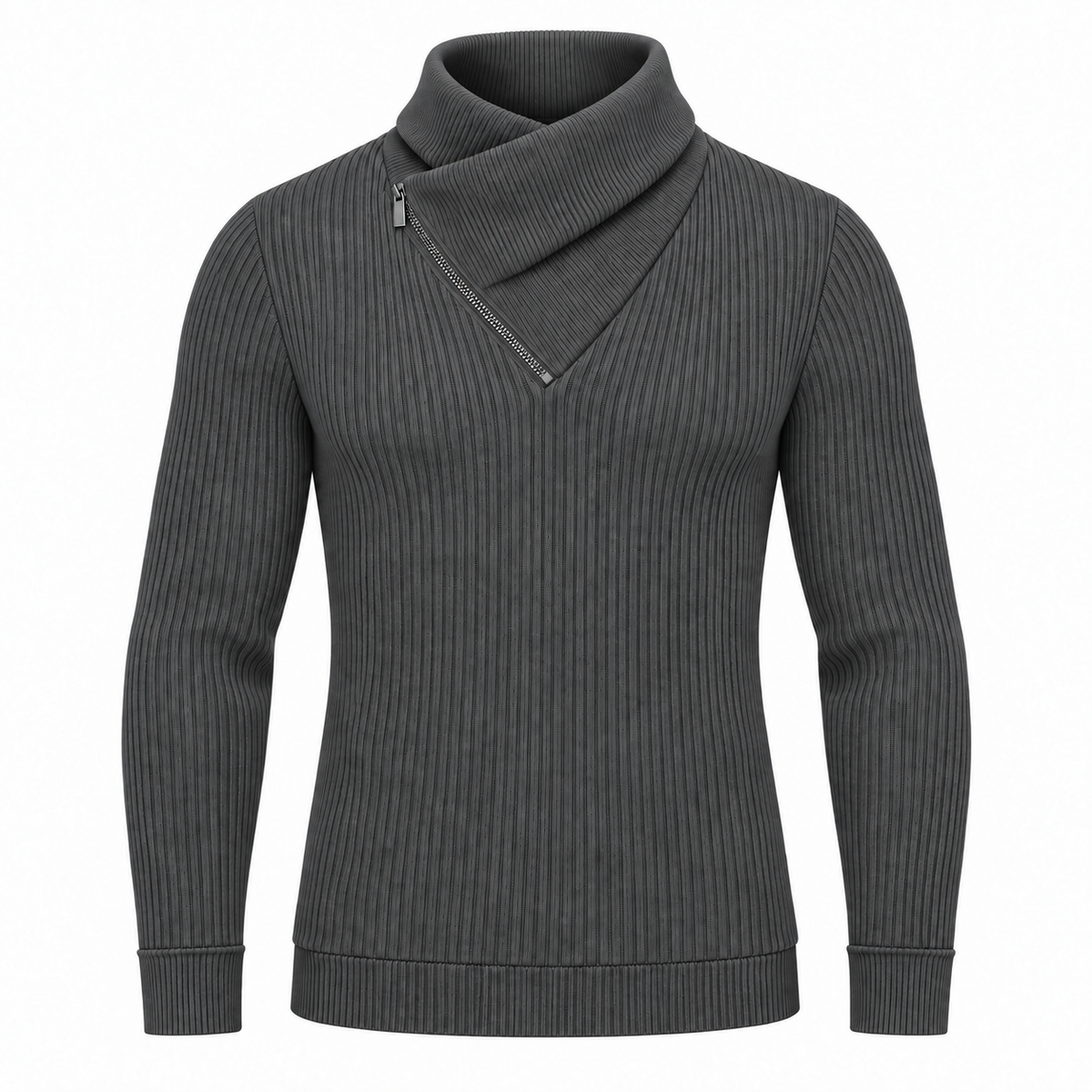 Le Faste Men's Ribbed Crossover Collar Zip Sweater - Charcoal