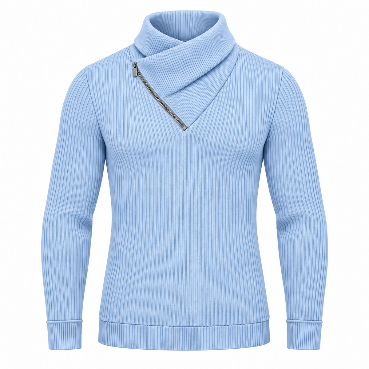Le Faste Men's Ribbed Crossover Collar Zip Sweater - Light Blue