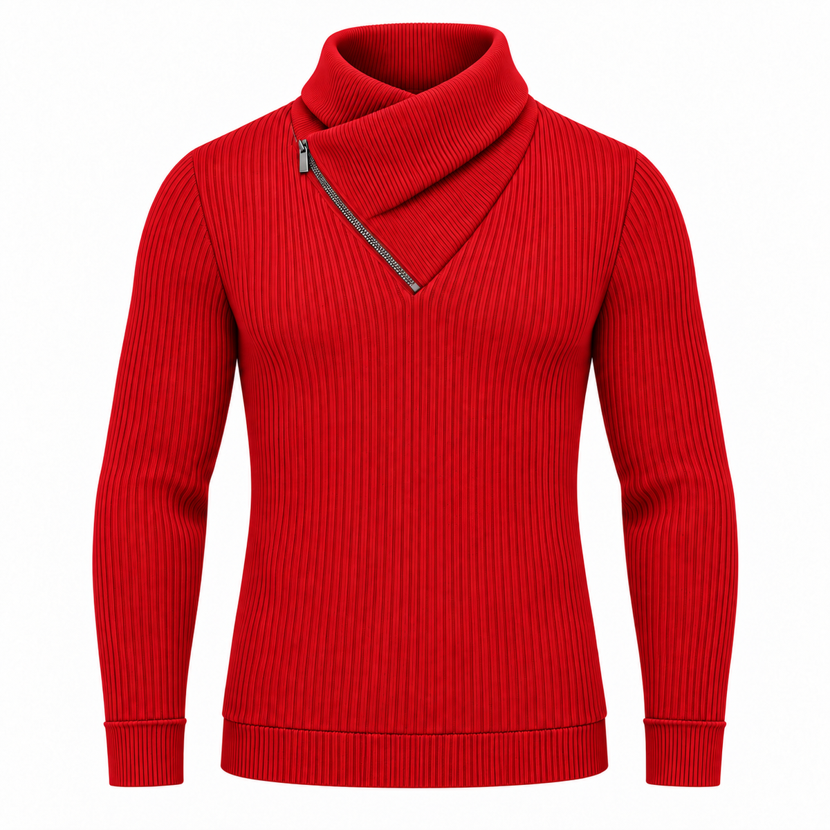 Le Faste Men's Ribbed Crossover Collar Zip Sweater - Red