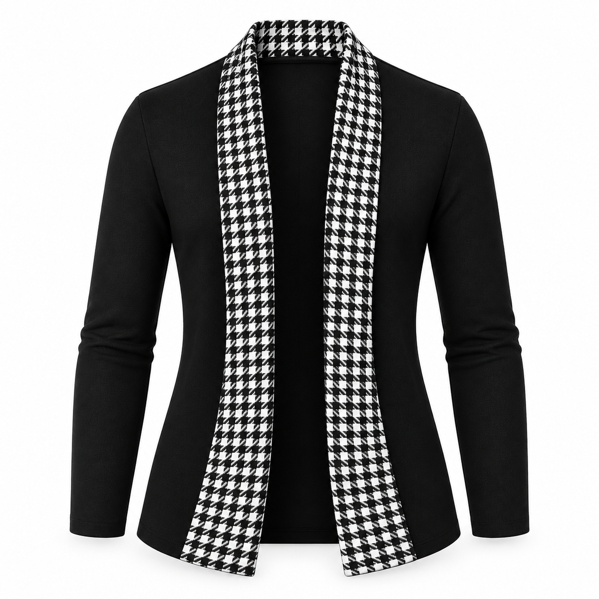 Le Faste black shawl-collar blazer with houndstooth trim, front view