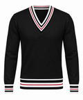 Le Faste Men's V-Neck Cricket Sweater with Striped Trim - Black
