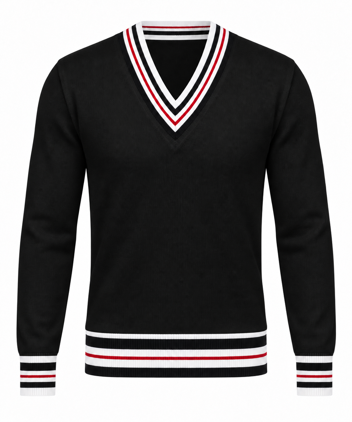Le Faste Men's V-Neck Cricket Sweater with Striped Trim - Black