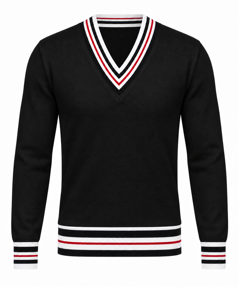 Le Faste Men's V-Neck Cricket Sweater with Striped Trim - Black
