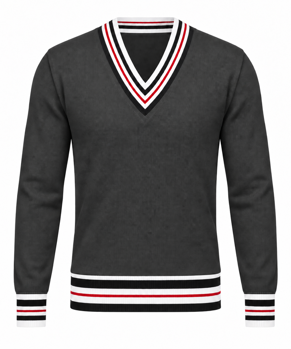 Le Faste Men's V-Neck Cricket Sweater with Striped Trim - Charcoal