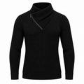 Le Faste Men's Ribbed Crossover Collar Zip Sweater - Color: Black, front view