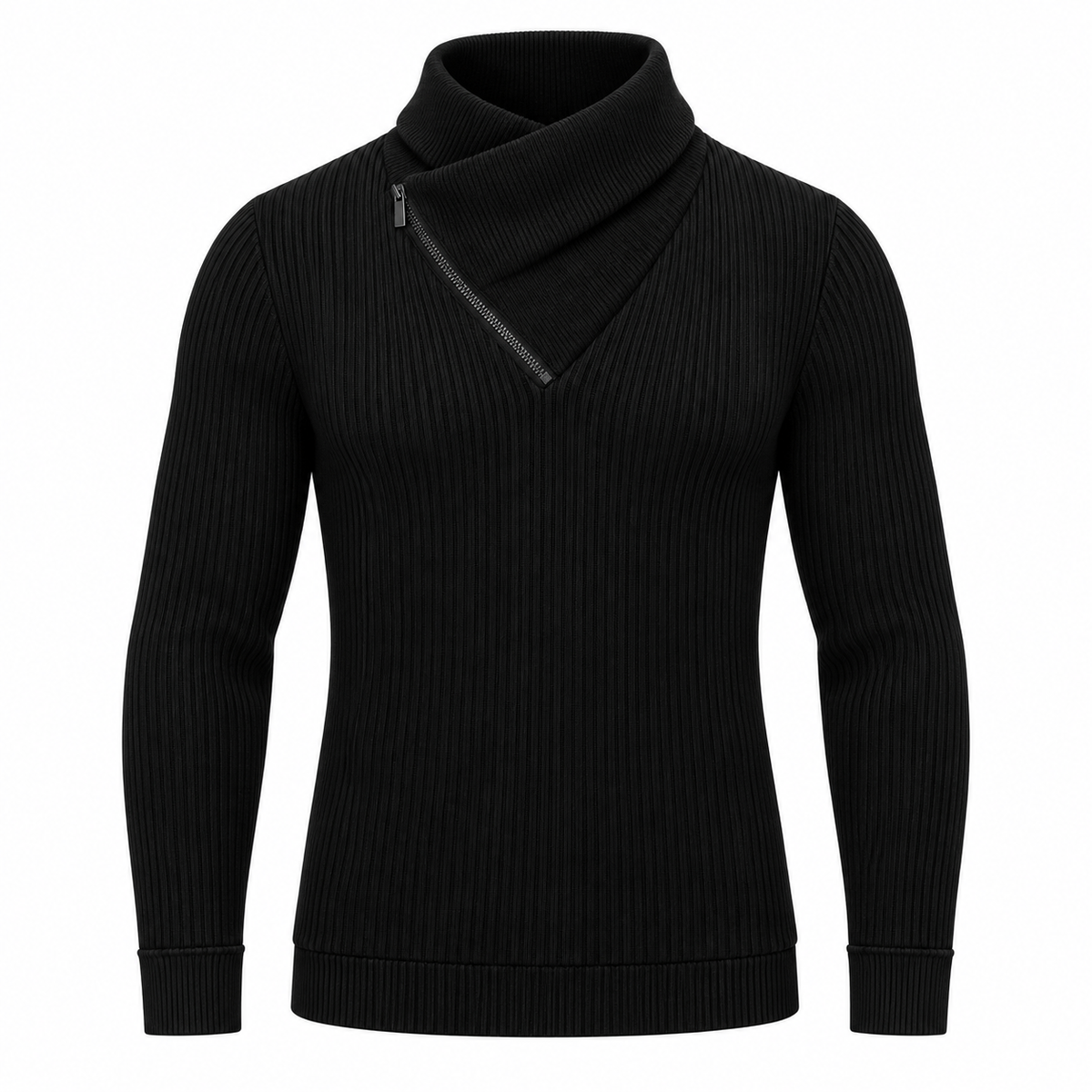 Ribbed crossover collar zip sweater in black