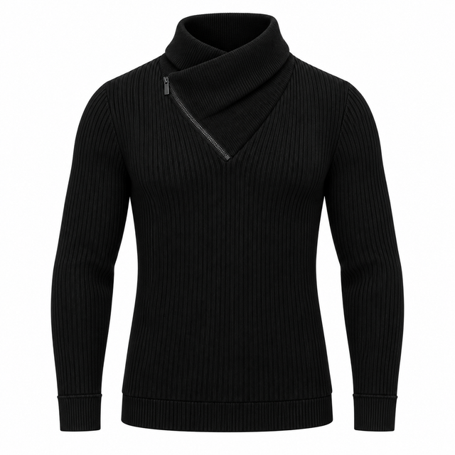 Le Faste Men's Ribbed Crossover Collar Zip Sweater - Color: Black, front view