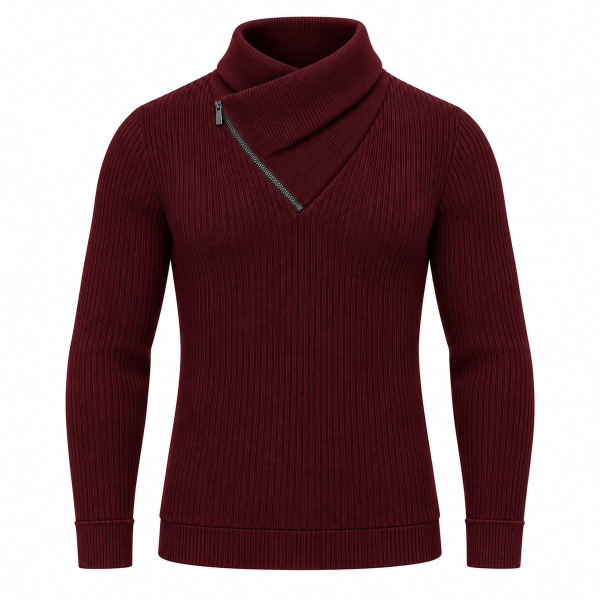 Le Faste Men's Ribbed Crossover Collar Zip Sweater - Color: Burgundy, front view