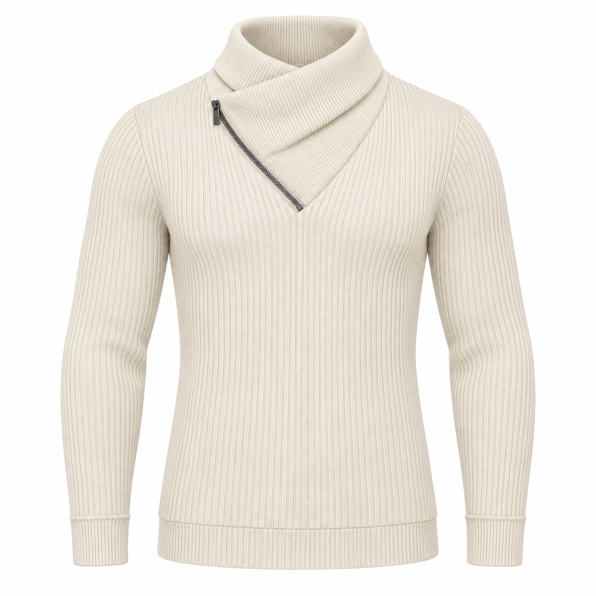 Le Faste Men's Ribbed Crossover Collar Zip Sweater - Color: Cream, front view