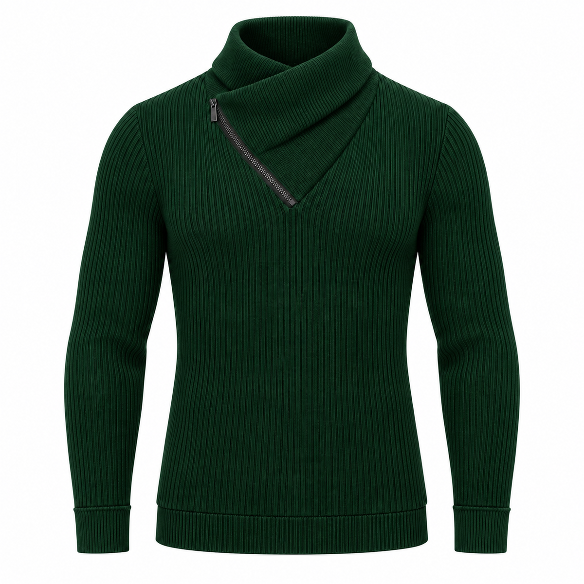Le Faste Men's Ribbed Crossover Collar Zip Sweater - Color: Dark Green, front view