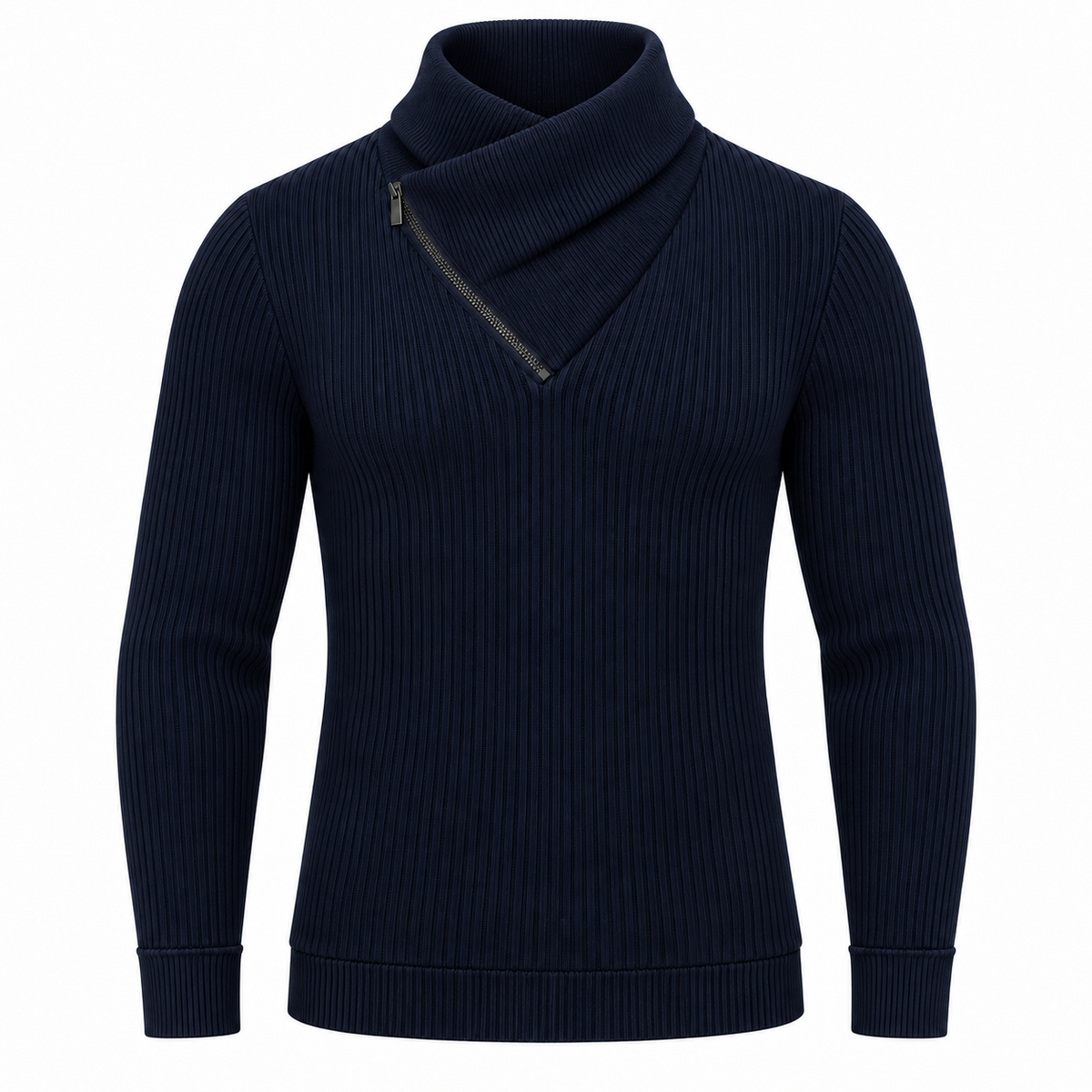 Le Faste Men's Ribbed Crossover Collar Zip Sweater - Color: Navy, front view