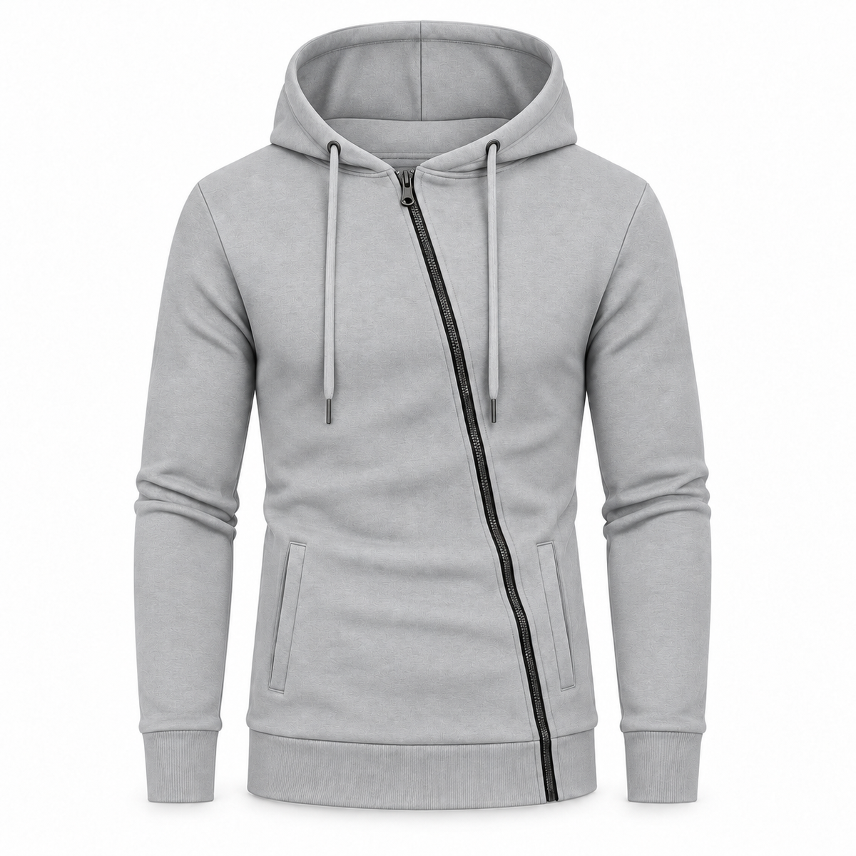Le Faste Men's Asymmetric Zip-Up Hoodie - Textured Knit Fleece - Light Gray