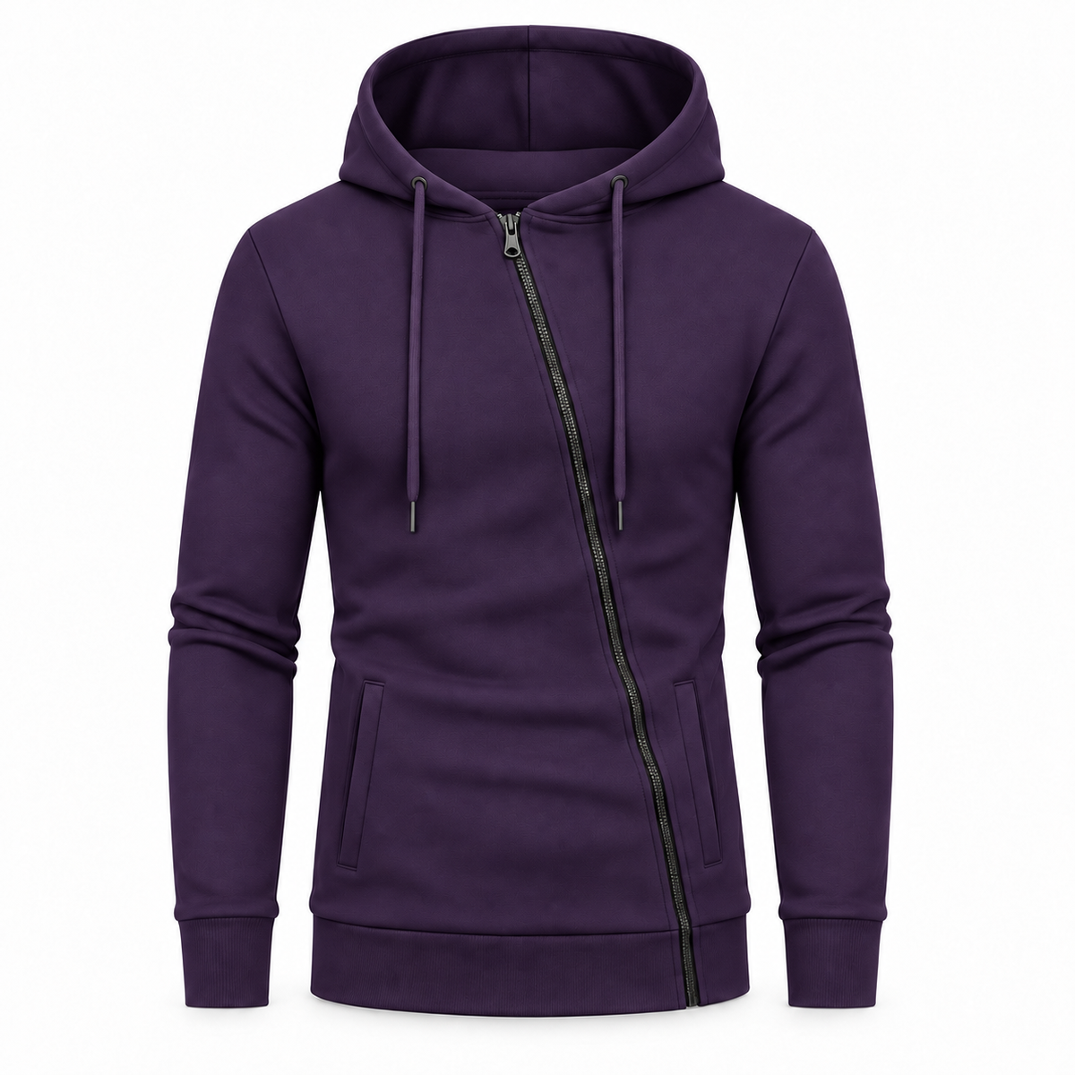 Le Faste Men's Asymmetric Zip-Up Hoodie - Textured Knit Fleece - Purple