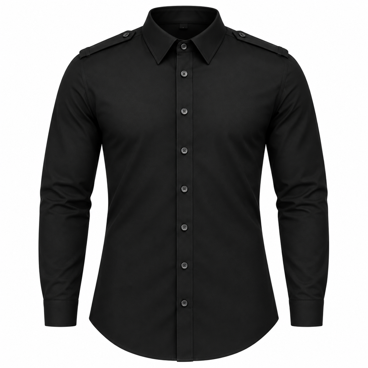 Long sleeve button-up shirt with shoulder tabs in black