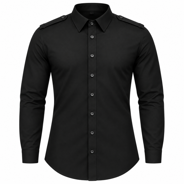 Le Faste Men's Long Sleeve Button-Up Shirt with Shoulder Tabs - Color: Black, front view