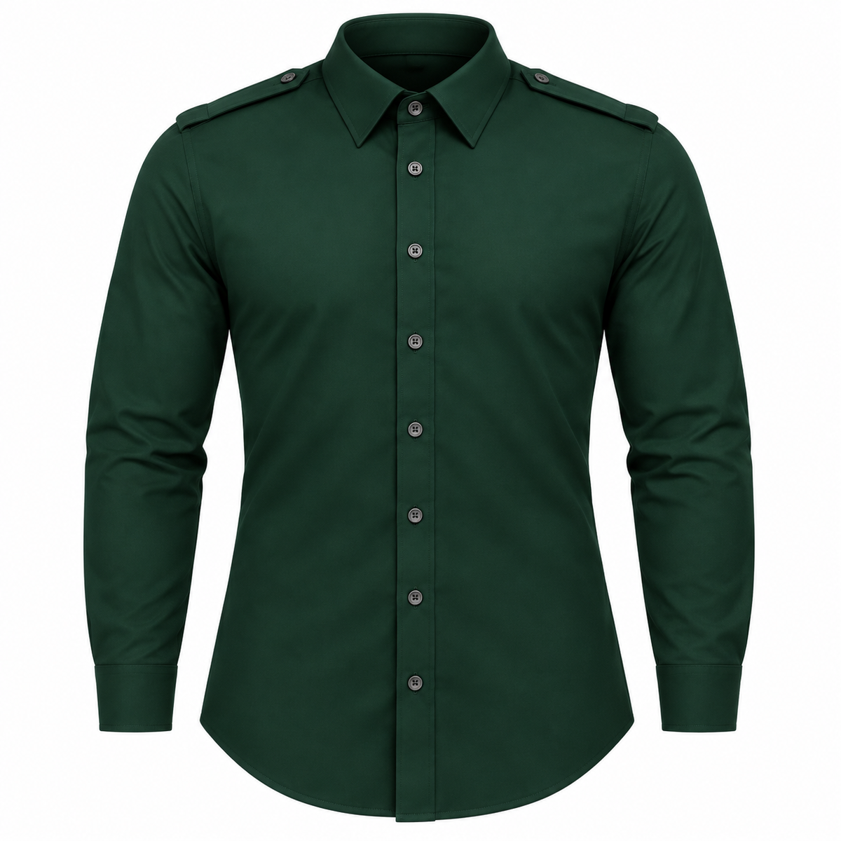 Le Faste Men's Long Sleeve Button-Up Shirt with Shoulder Tabs - Color: Dark Green, front view