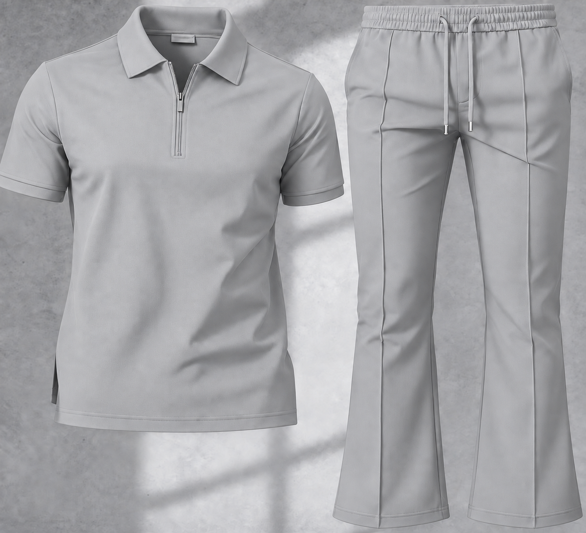 Le Faste Men's Quarter-Zip Knit Polo and Flared Pants 2-Piece Set - Light Gray