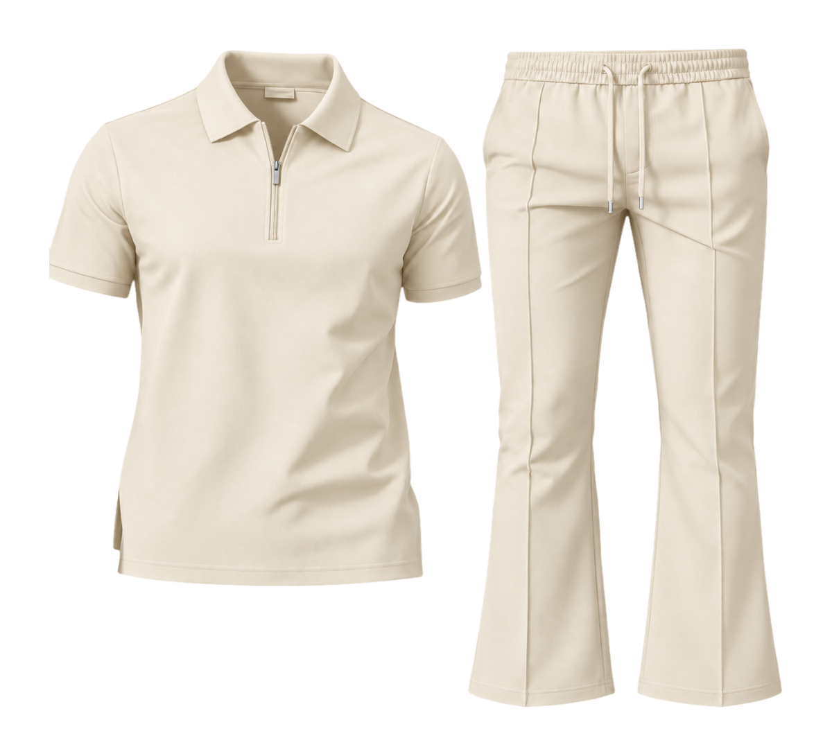 Le Faste Men's Quarter-Zip Knit Polo and Flared Pants 2-Piece Set - Cream