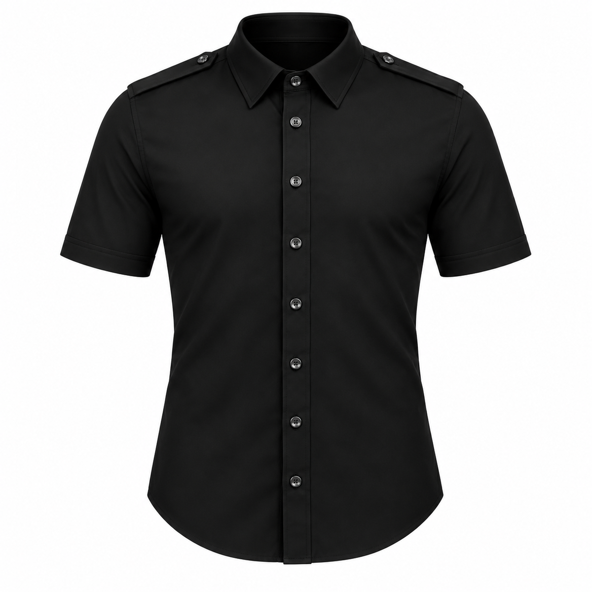 Le Faste Men's Short Sleeve Button-Up Shirt with Shoulder Tabs - Color: Black, front view