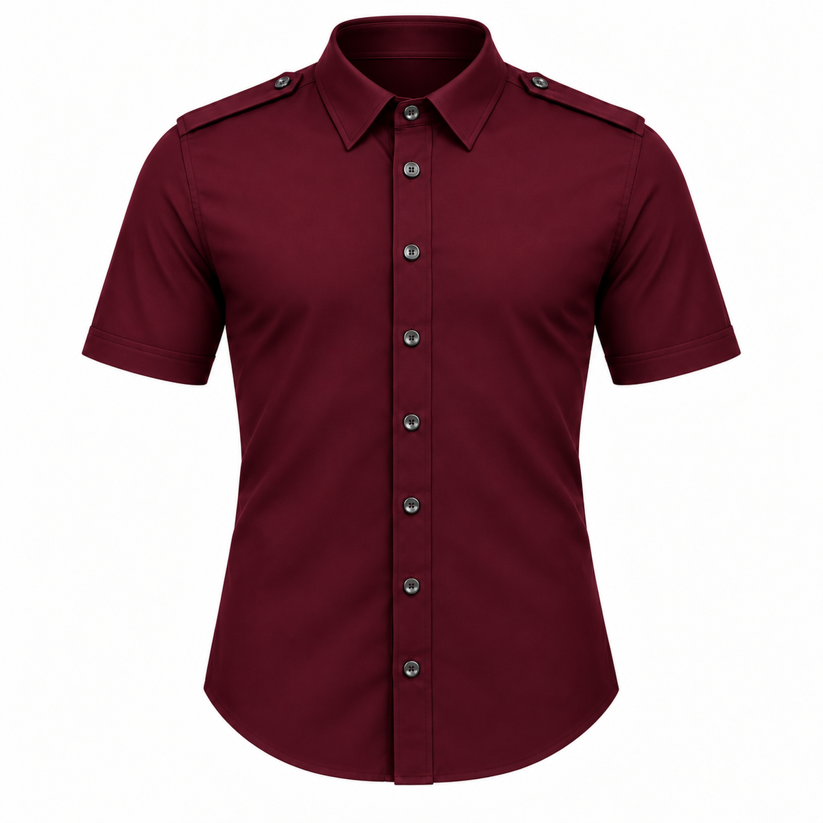Le Faste Men's Short Sleeve Button-Up Shirt with Shoulder Tabs - Color: Burgundy, front view