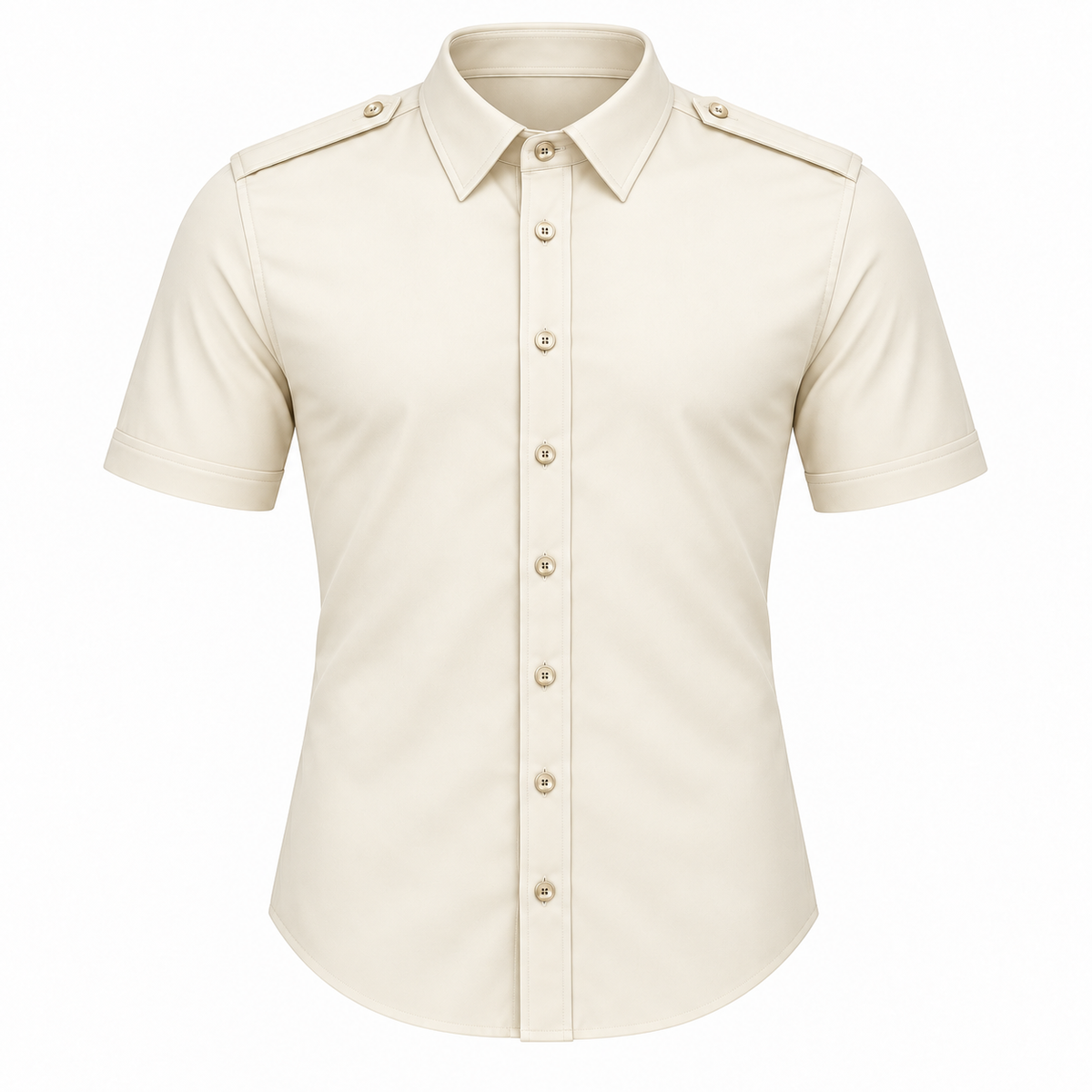Le Faste Men's Short Sleeve Button-Up Shirt with Shoulder Tabs - Color: Cream, front view