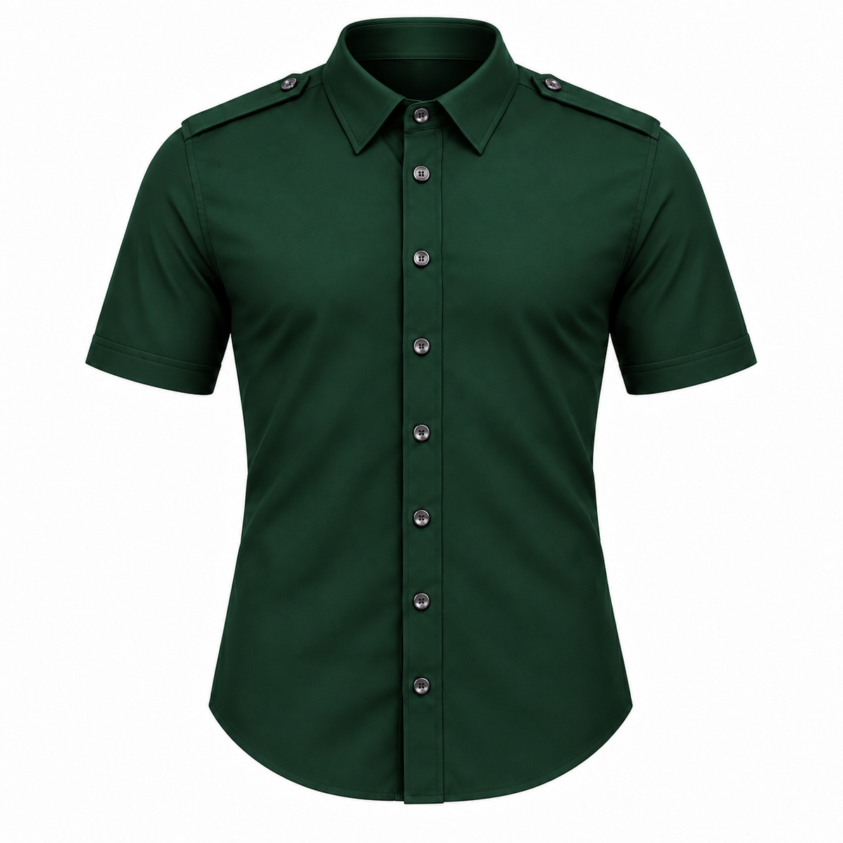 Le Faste Men's Short Sleeve Button-Up Shirt with Shoulder Tabs - Color: Dark Green, front view