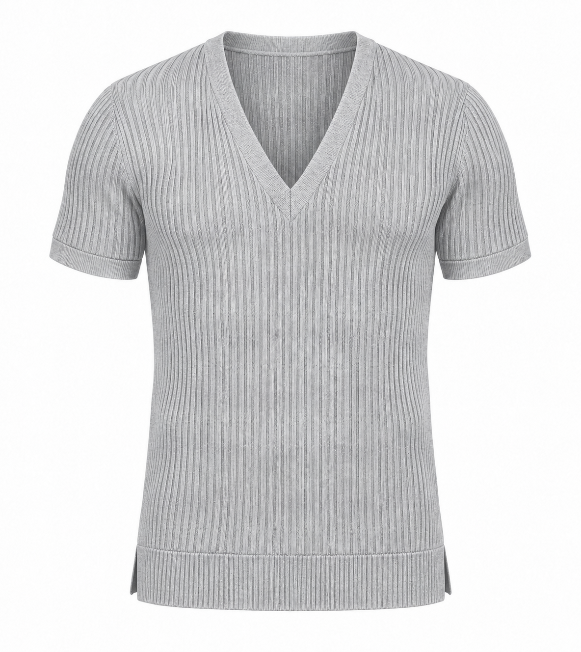 Le Faste Men's Ribbed Knit Deep V-Neck Short Sleeve Sweater - Light Gray