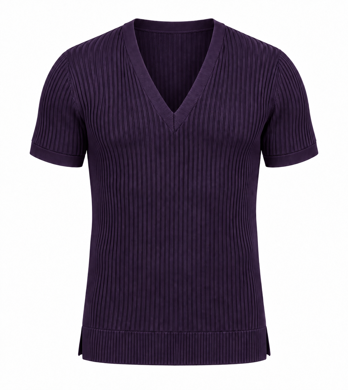 Le Faste Men's Ribbed Knit Deep V-Neck Short Sleeve Sweater - Purple