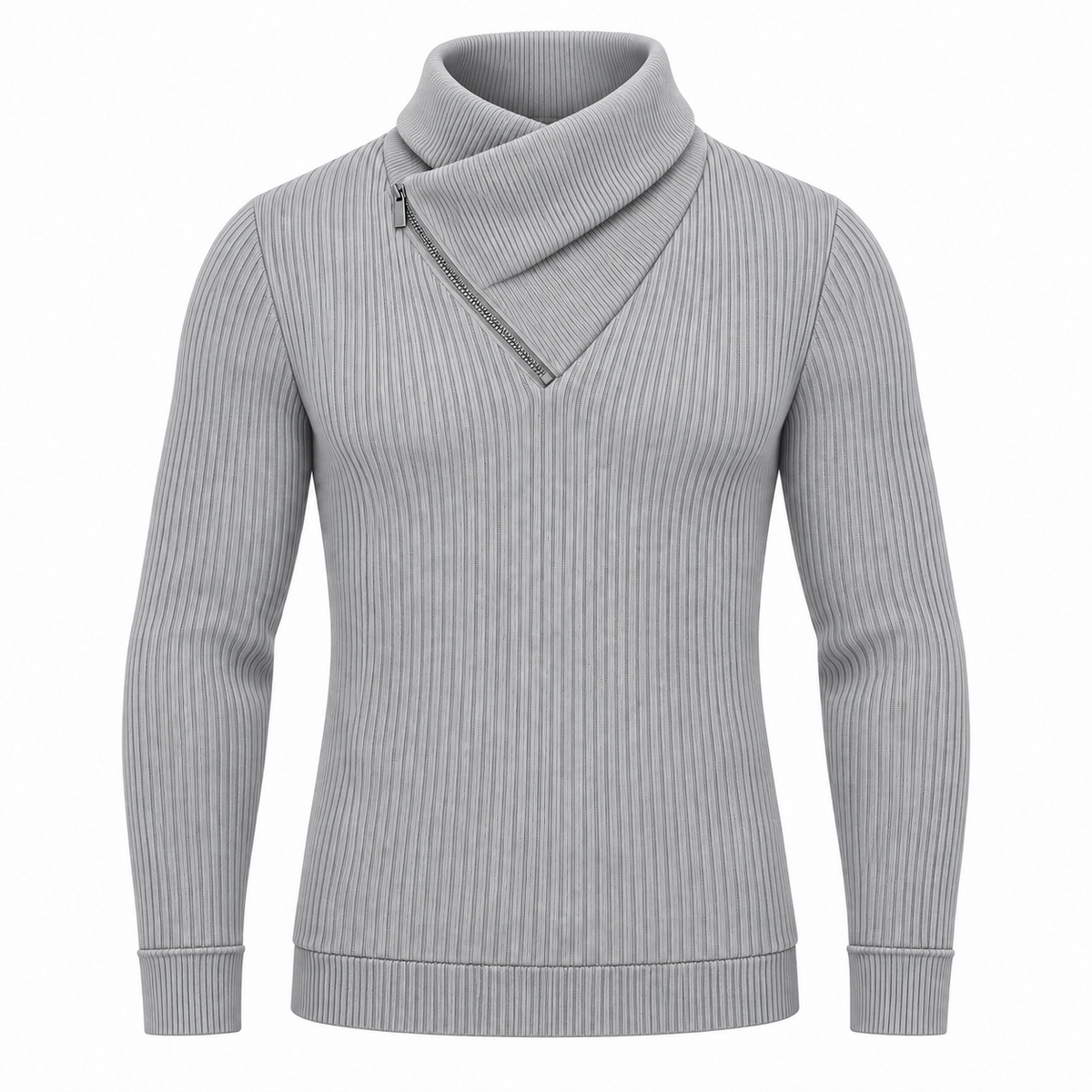 Le Faste Men's Ribbed Crossover Collar Zip Sweater - Light Gray