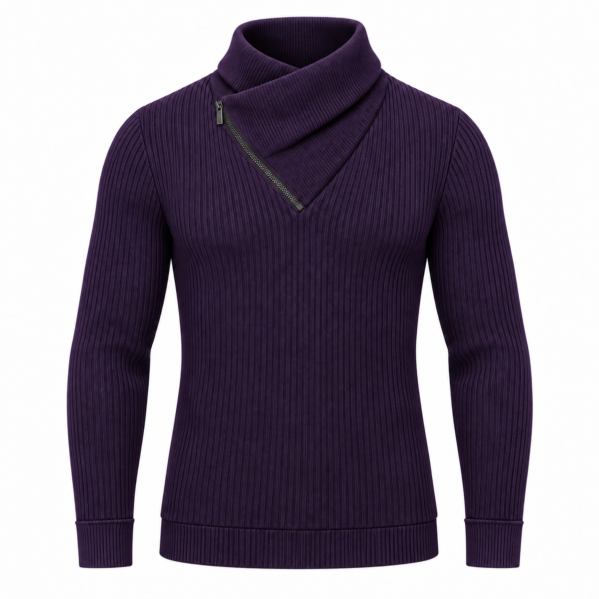 Le Faste Men's Ribbed Crossover Collar Zip Sweater - Purple