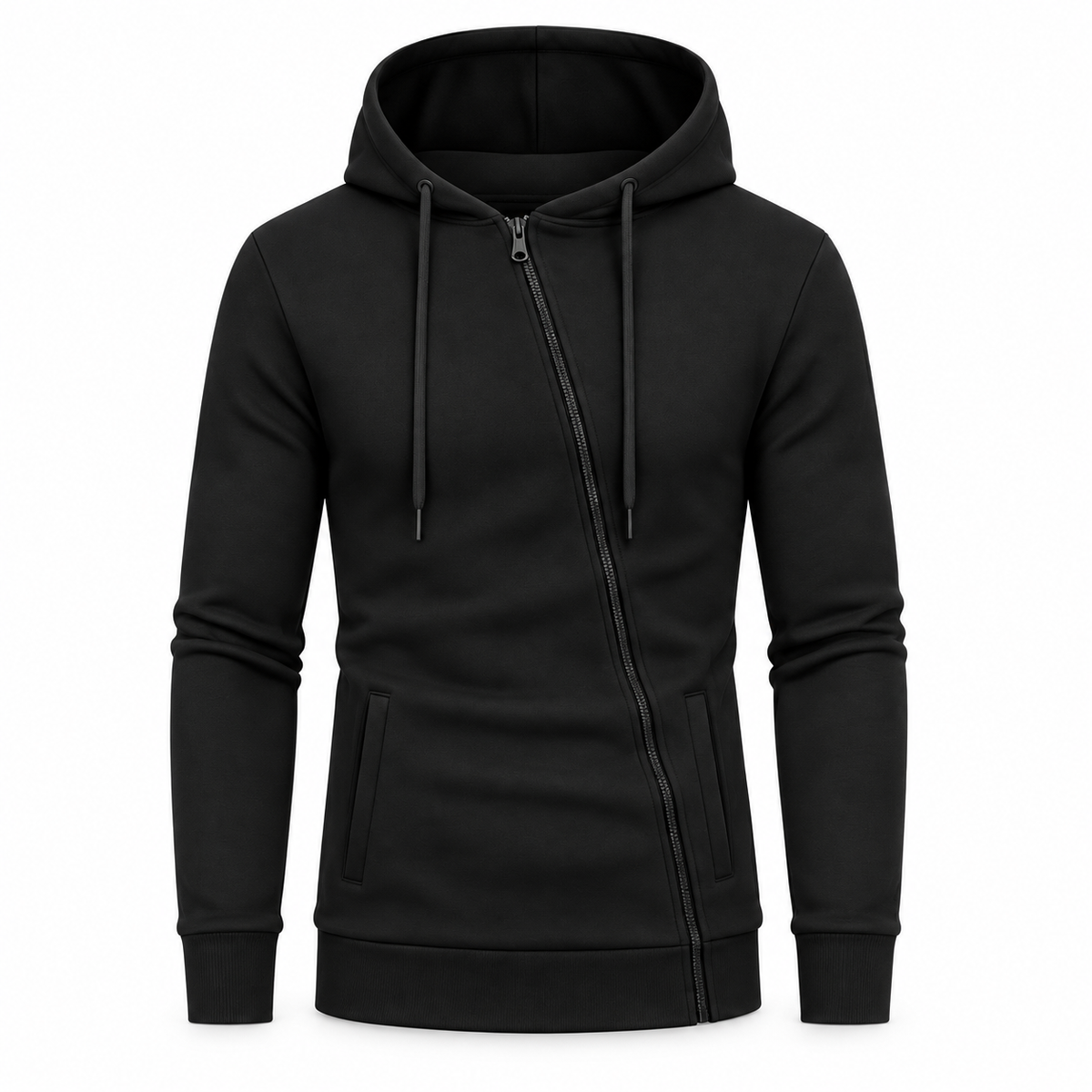 Le Faste Men's Asymmetric Zip-Up Hoodie - Textured Knit Fleece - Black