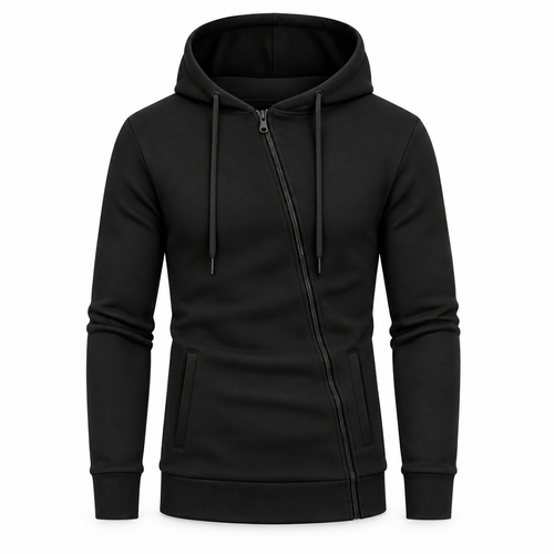 Le Faste Men's Asymmetric Zip-Up Hoodie - Textured Knit Fleece - Black
