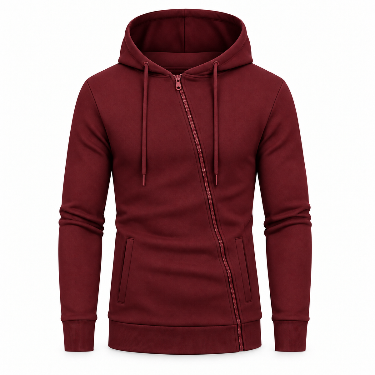 Le Faste Men's Asymmetric Zip-Up Hoodie - Textured Knit Fleece - Burgundy