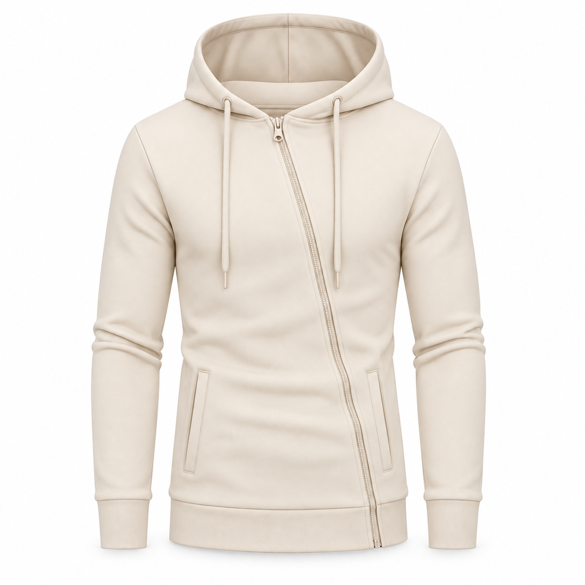 Le Faste Men's Asymmetric Zip-Up Hoodie - Textured Knit Fleece - Cream
