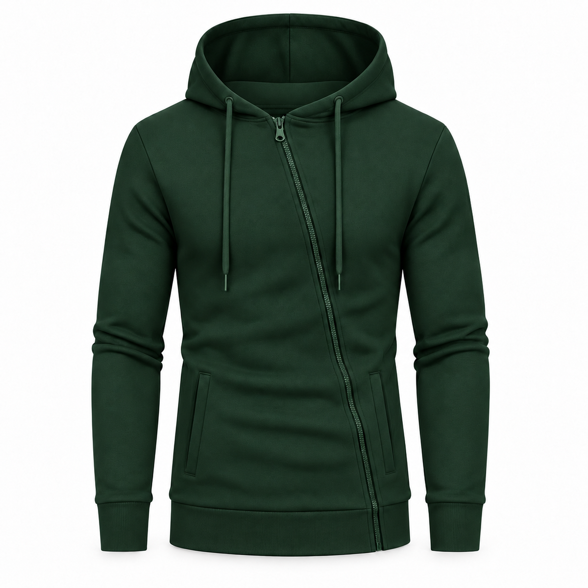 Asymmetric zip-up hoodie in green textured knit fleece