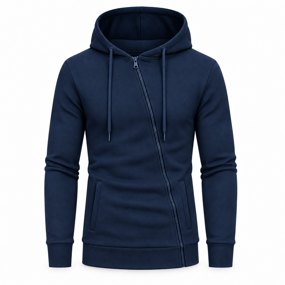 Le Faste Men's Asymmetric Zip-Up Hoodie - Textured Knit Fleece - Navy