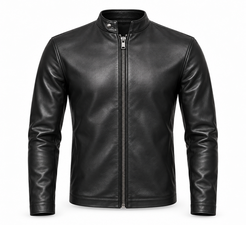 Le Faste Men's Genuine Cowhide Leather Café Racer Moto Jacket - Black
